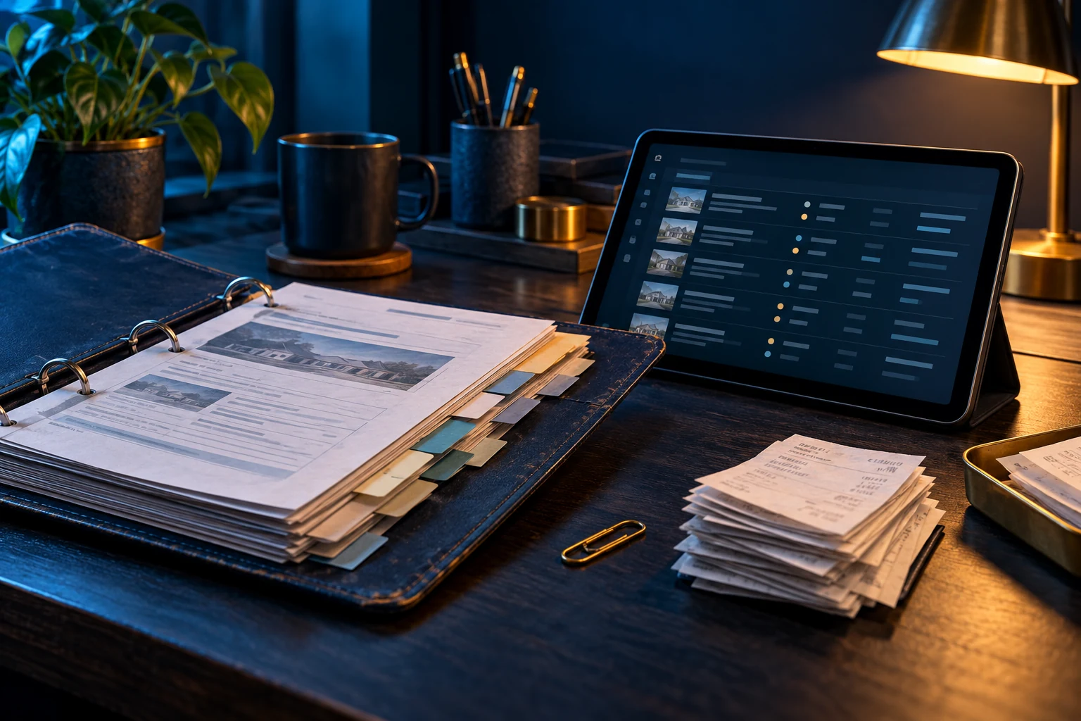 Organized business records, receipts and a tablet ready for the next task.