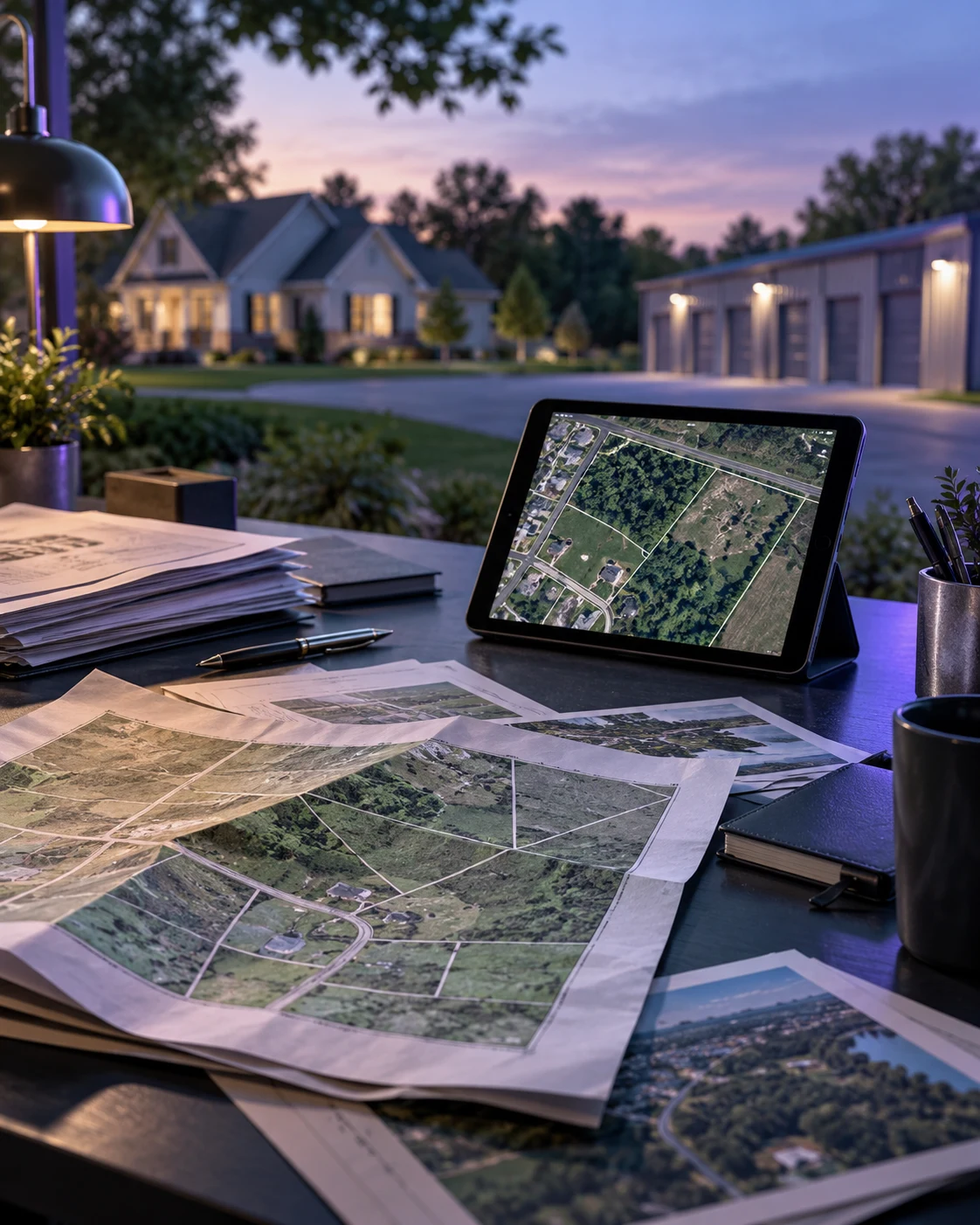 Illustrative property research desk with records, map, and organized tablet review