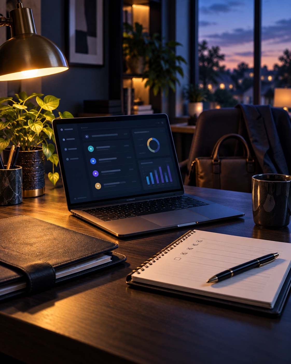 An unoccupied evening workspace with a laptop, notebook, work bag, and a clear place to continue building a vision.